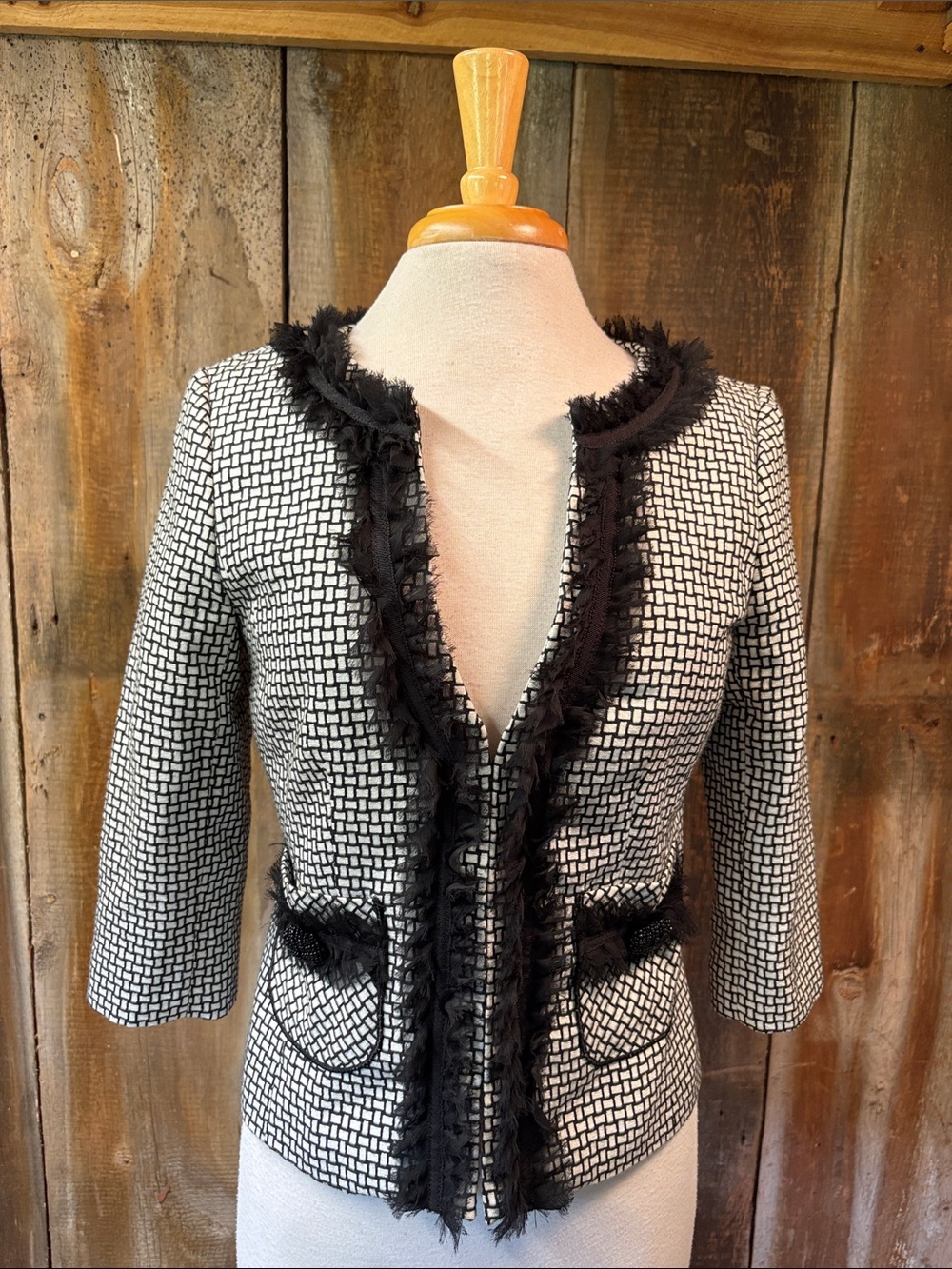 White House Black Market Geometric Print Frayed Trim Collarless Blazer Jacket 6